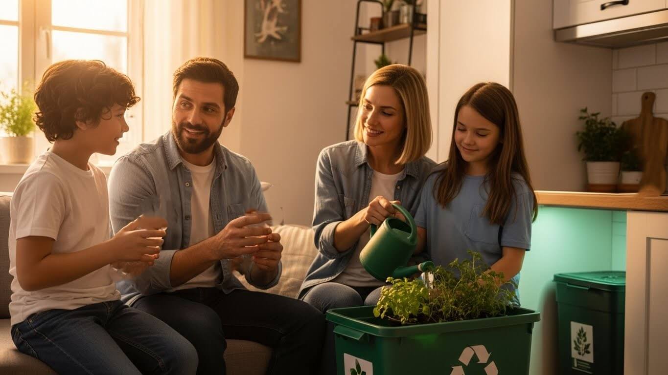 Keluarga beranggotakan empat orang menyiram tanaman di tempat sampah daur ulang hijau di dalam ruangan, mempromosikan berkebun ramah lingkungan.