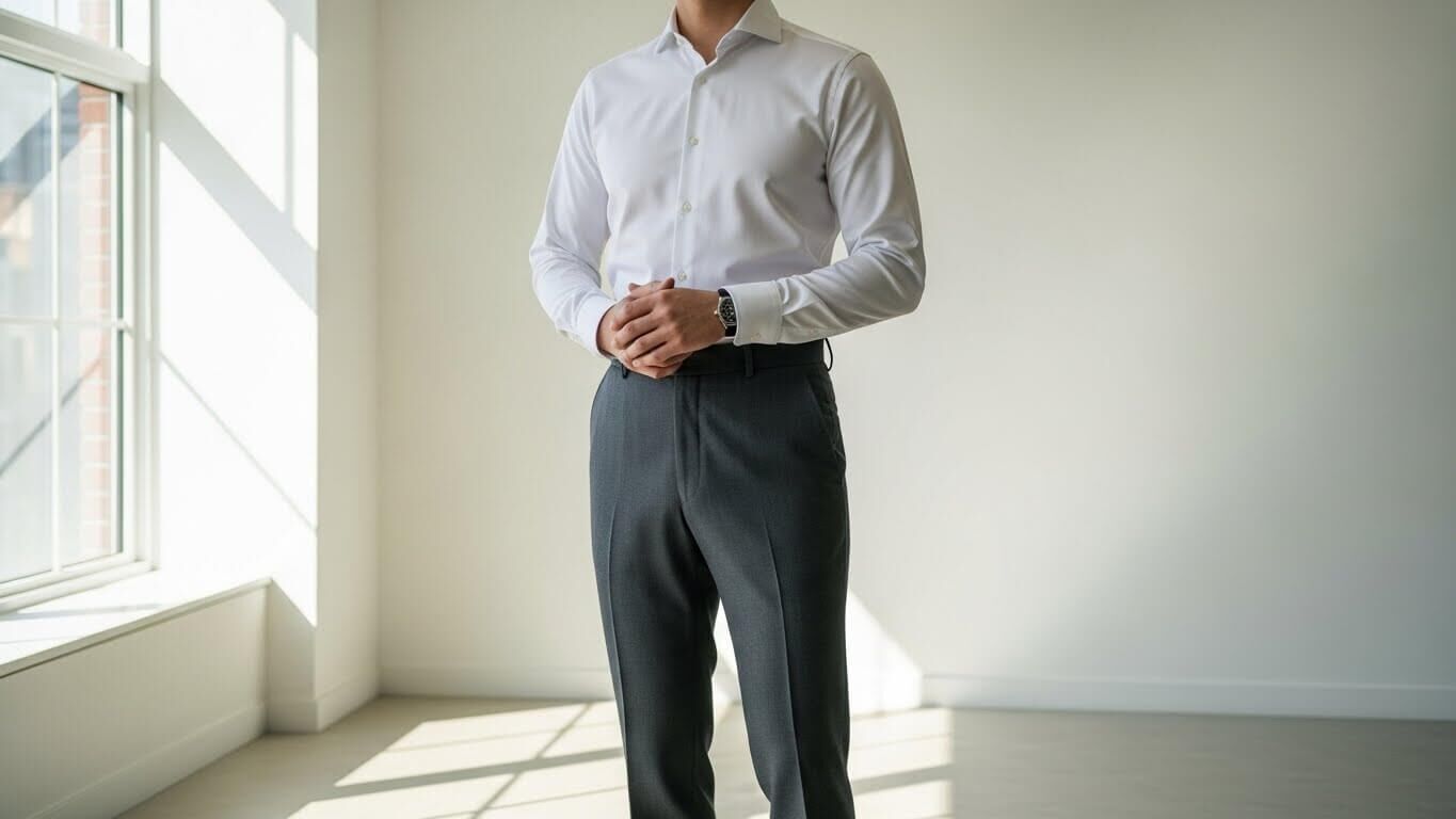 Pria yang mengenakan kemeja putih dan celana panjang abu-abu tua berdiri di dekat jendela yang diterangi matahari dengan tangan terkepal.