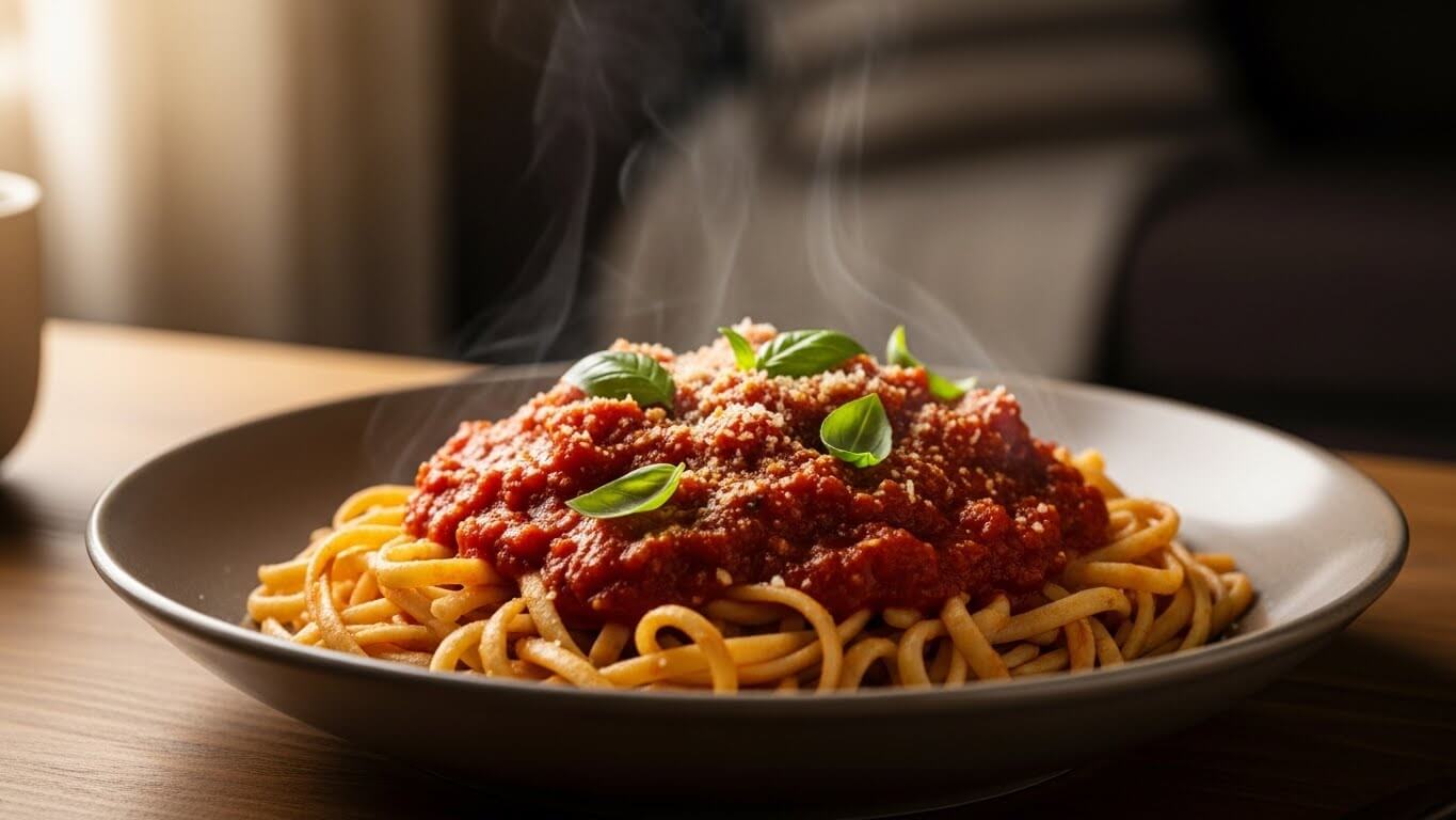 Sepiring spageti kukus dengan saus tomat, keju parut, dan daun kemangi segar di atas meja kayu.