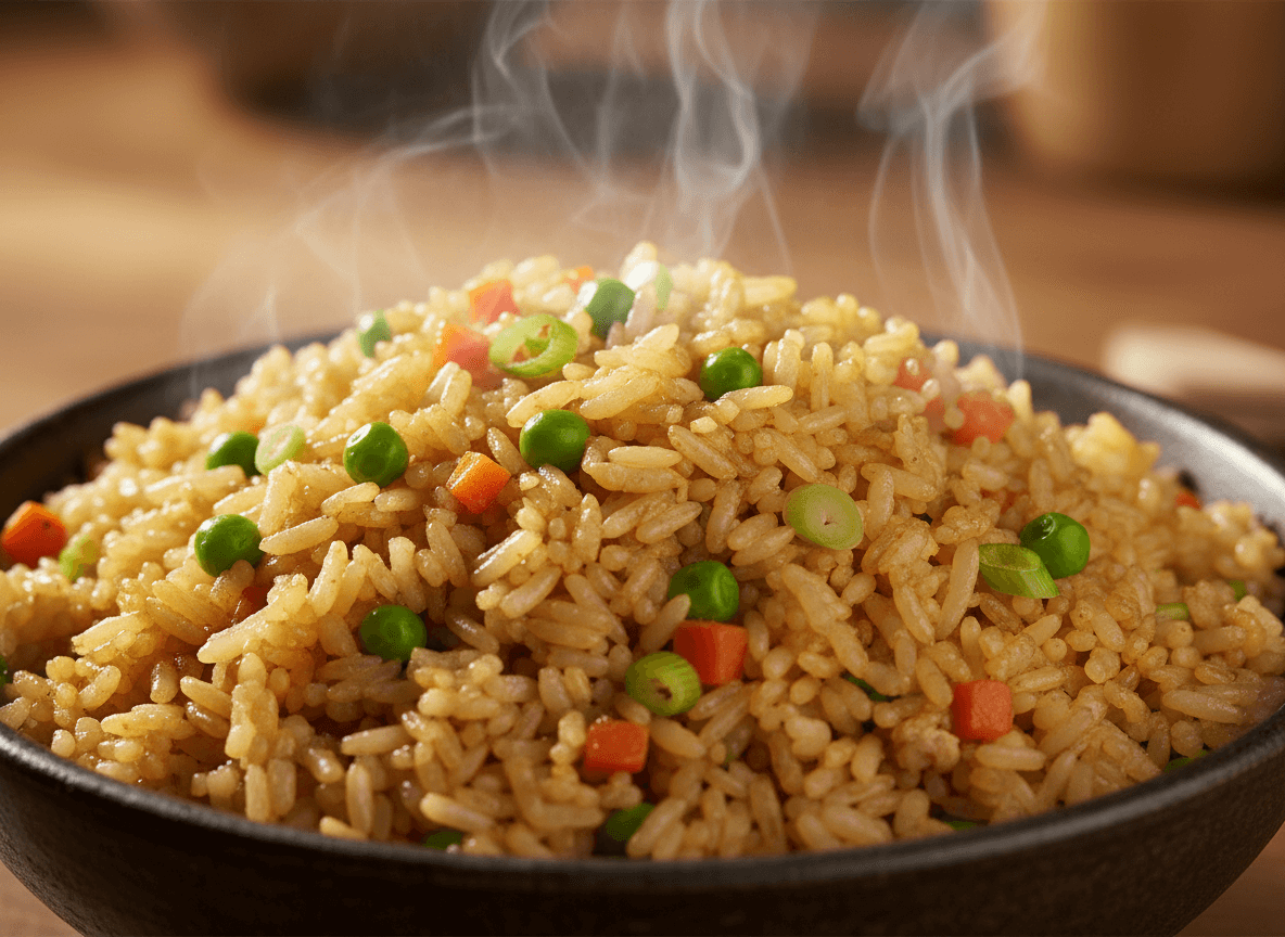 Semangkuk nasi goreng kukus dengan kacang polong, wortel potong dadu, dan daun bawang