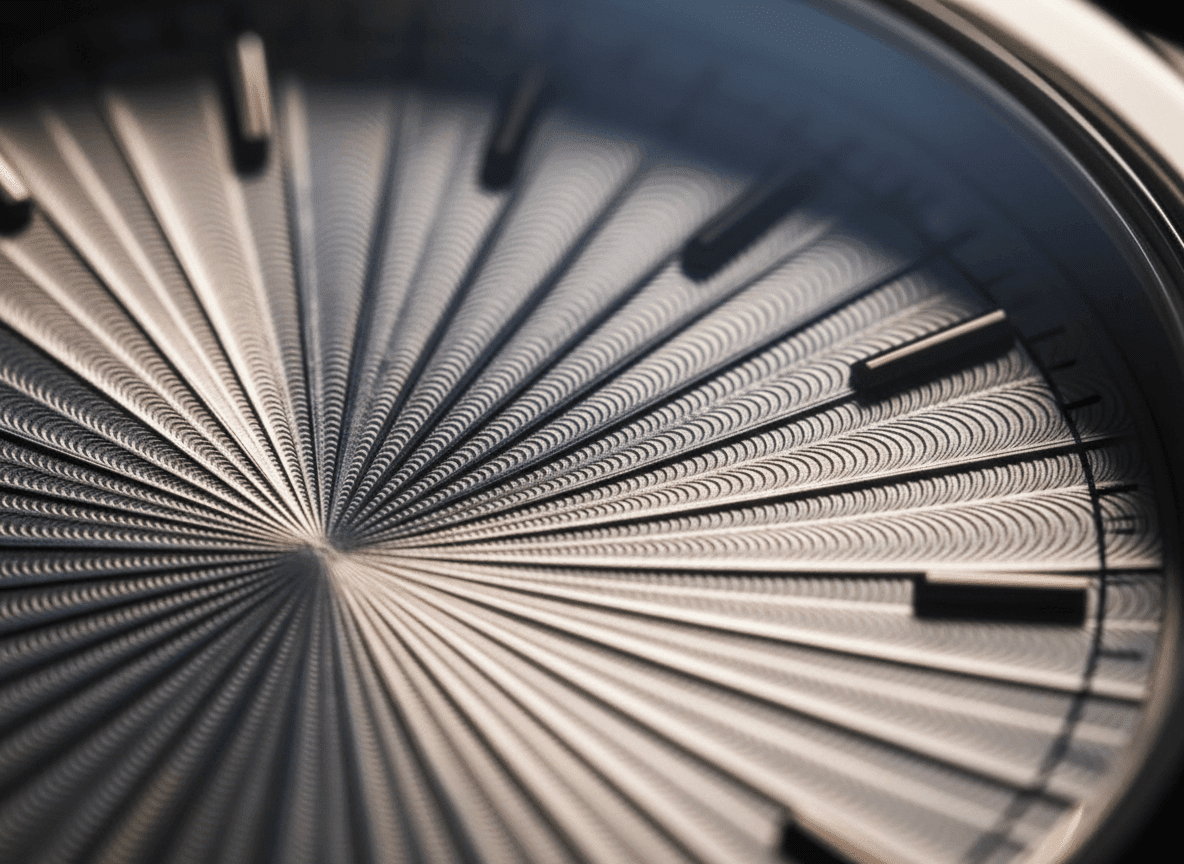 Tampilan jarak dekat dari tampilan jam dengan pola radial bertekstur dan penanda jam hitam pada pelat jam perak