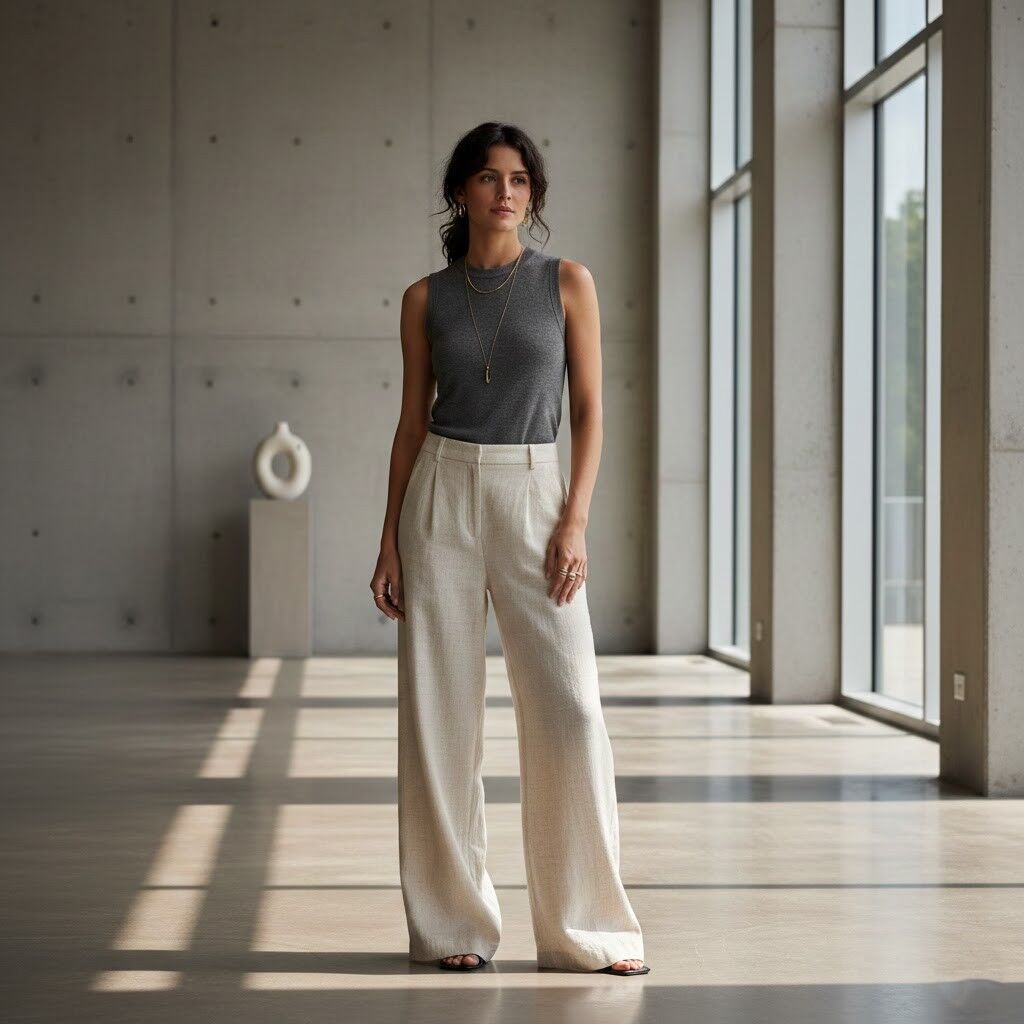 Wanita mengenakan atasan tanpa lengan abu-abu dan celana krem ​​lebar berdiri di ruangan modern yang diterangi matahari dengan jendela besar.