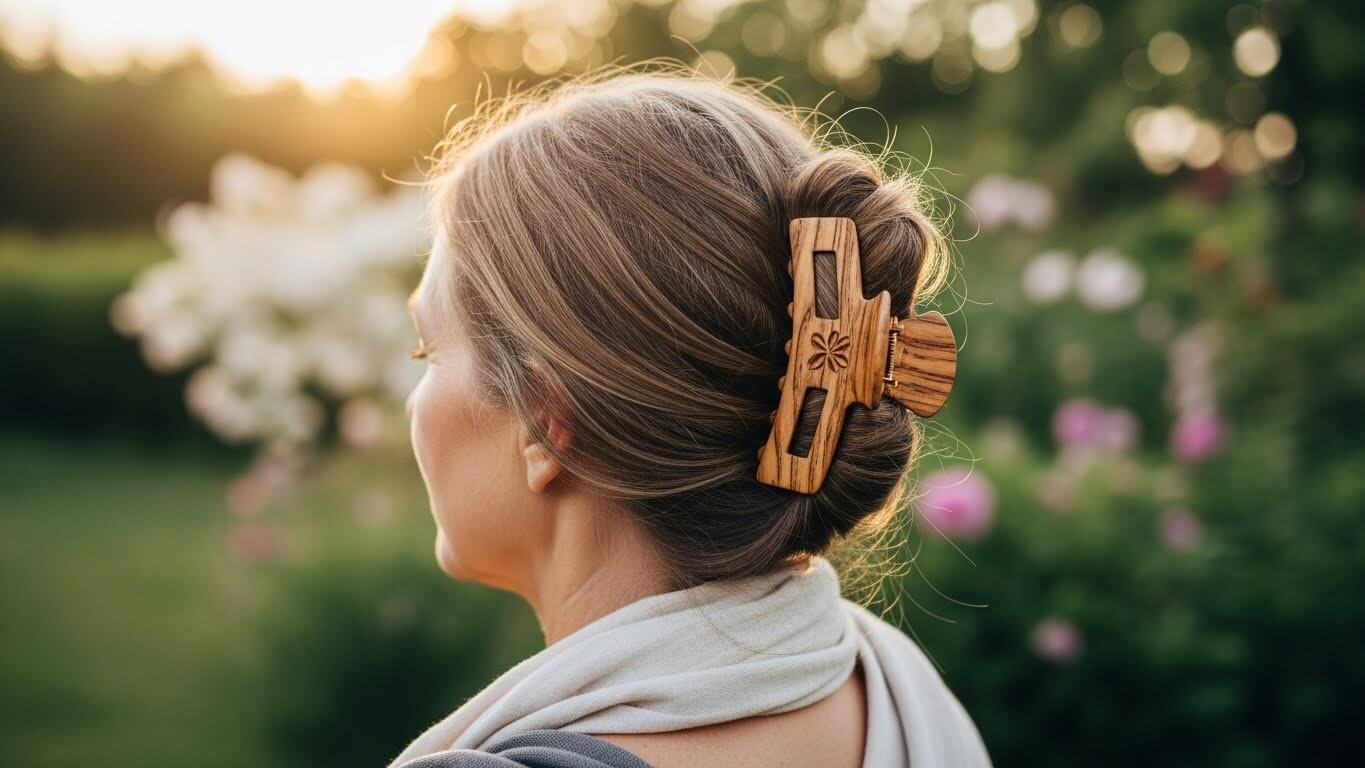 Wanita dengan rambut pirang ditata dalam sanggul yang diamankan dengan jepit rambut kayu di luar ruangan saat matahari terbenam
