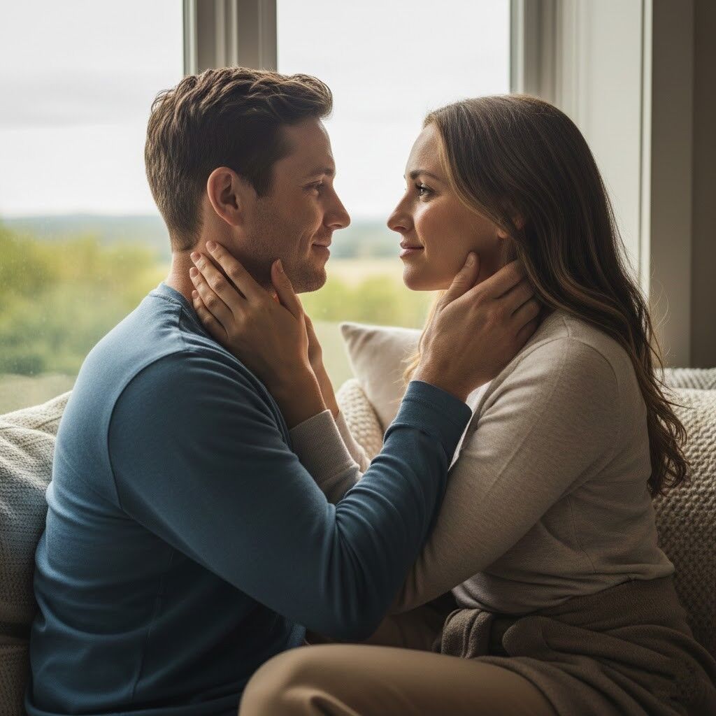 Pasangan duduk berdekatan di sofa, saling memegang wajah dan menatap mata satu sama lain di dekat jendela.