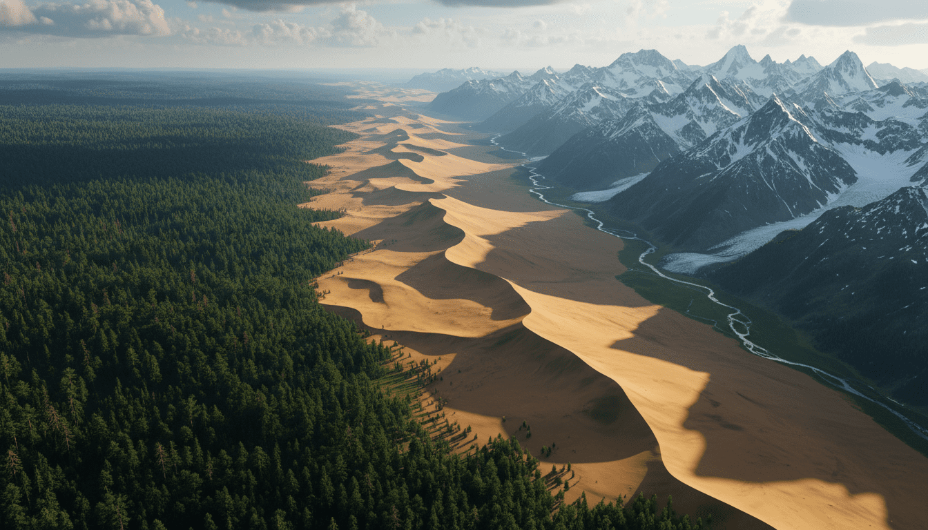 Hamparan bukit pasir gurun yang luas, dibatasi oleh hutan lebat di satu sisi, dan pegunungan yang tertutup salju dengan sungai di sisi lain.