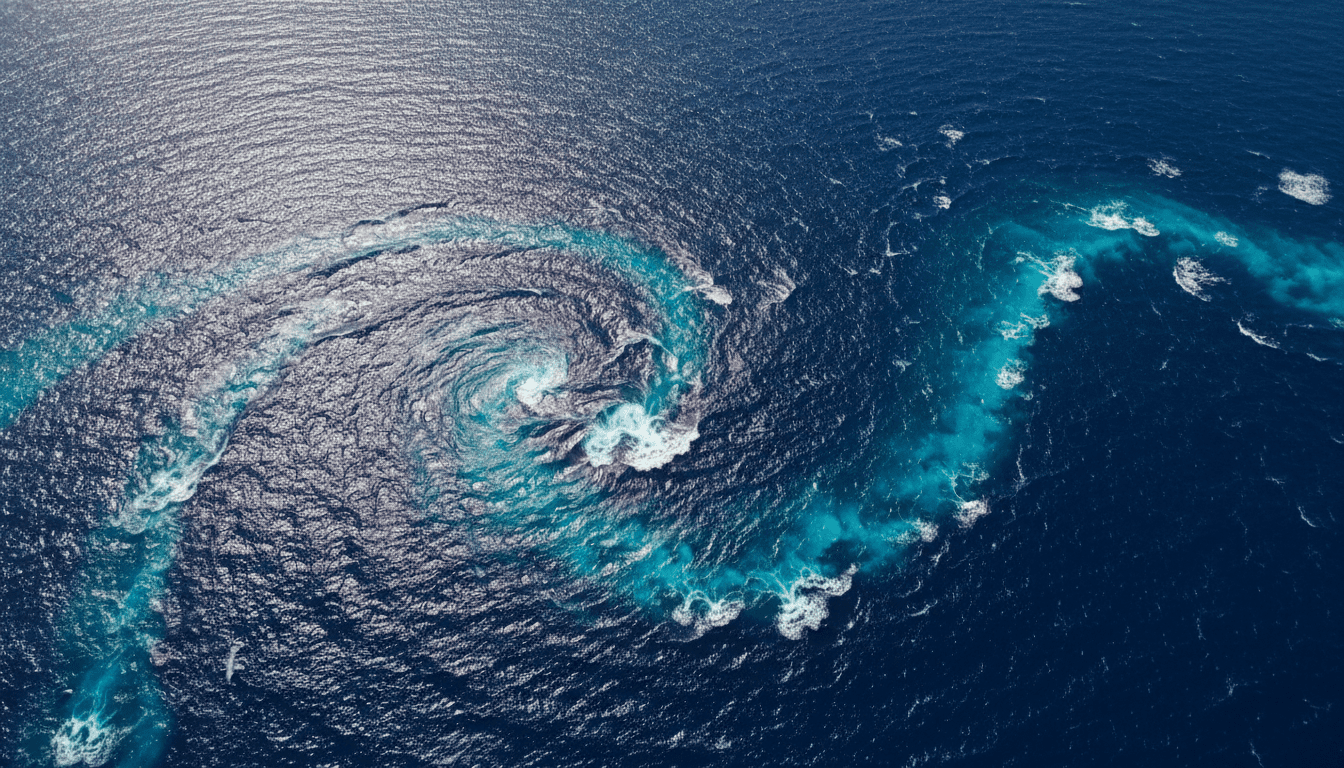 Pemandangan udara dari jalur air yang berputar-putar di lautan yang diciptakan oleh perahu atau jet ski yang bergerak cepat.