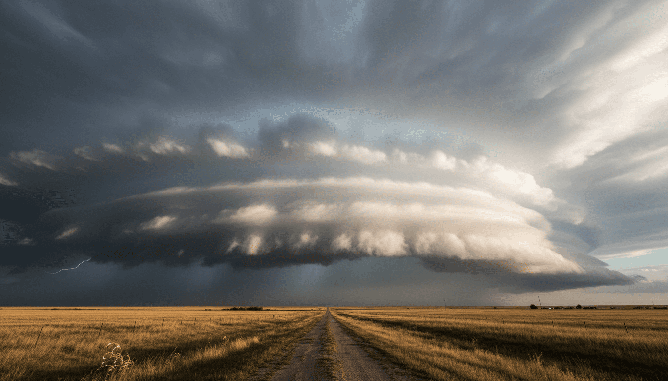 Badai petir supercell dengan awan berlapis di atas jalan tanah pedesaan dan ladang emas saat matahari terbenam