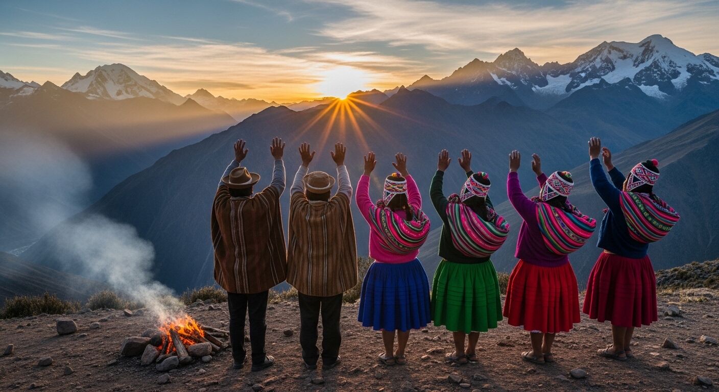 Sekelompok orang dengan pakaian tradisional Andes mengangkat tangan menuju matahari terbit di atas pegunungan dengan api unggun di dekatnya