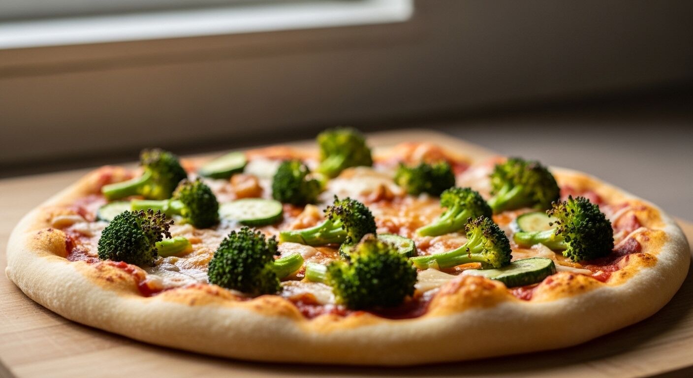 Pizza atasnya dengan irisan brokoli dan zucchini di papan kayu.