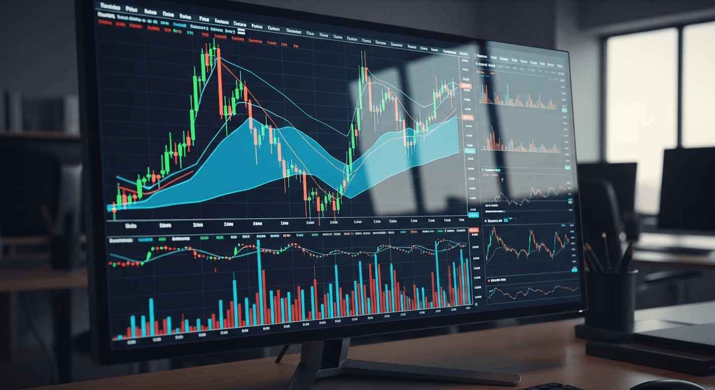 Monitor komputer menampilkan grafik pasar saham terperinci dan data perdagangan di lingkungan kantor.