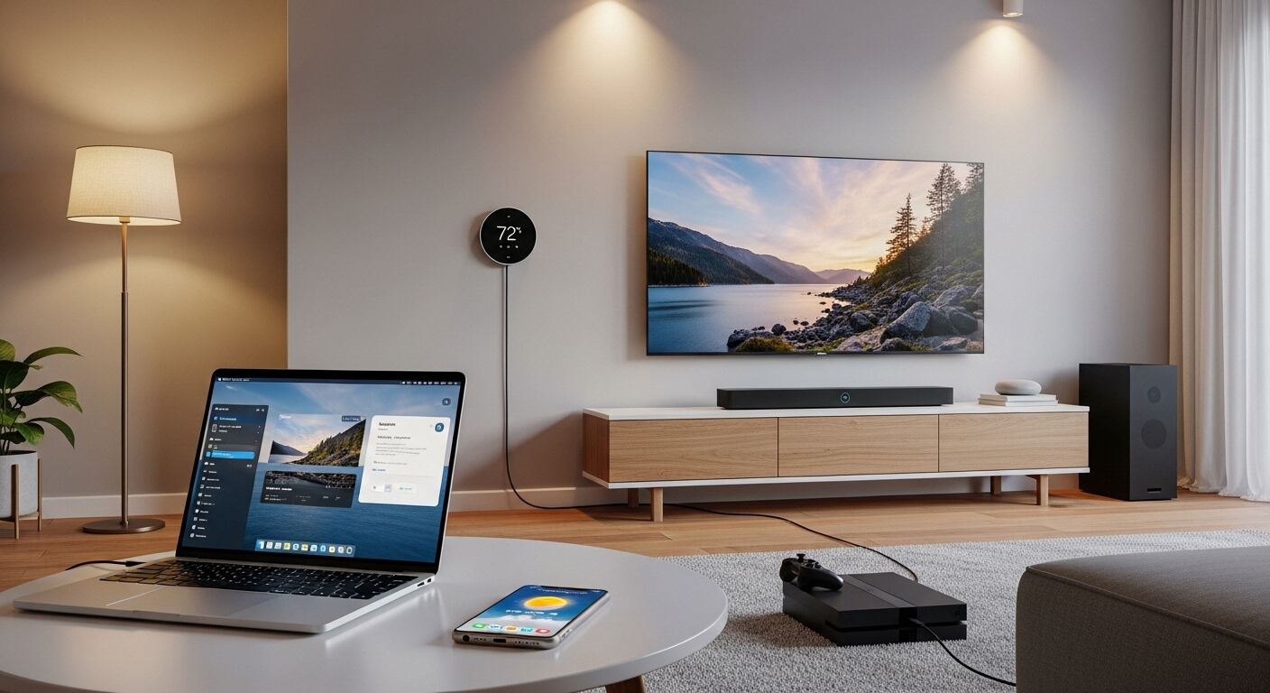 Ruang tamu modern dengan laptop, smartphone, konsol PlayStation, termostat cerdas yang disetel ke suhu 72°F, dan TV di dinding yang menampilkan pemandangan danau.