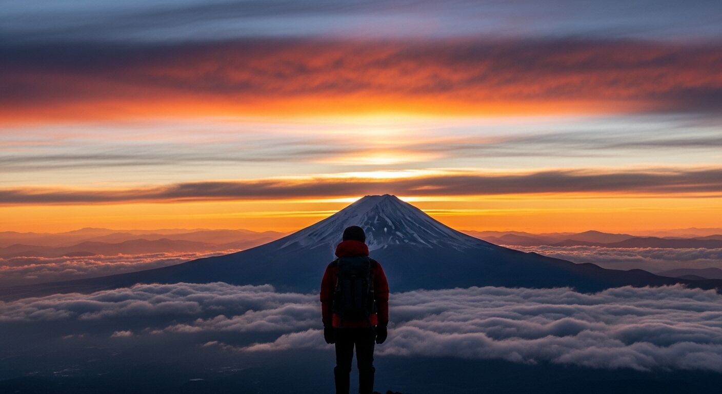 Orang berjaket merah dan ransel berdiri di atas awan menghadap Gunung Fuji saat matahari terbit.
