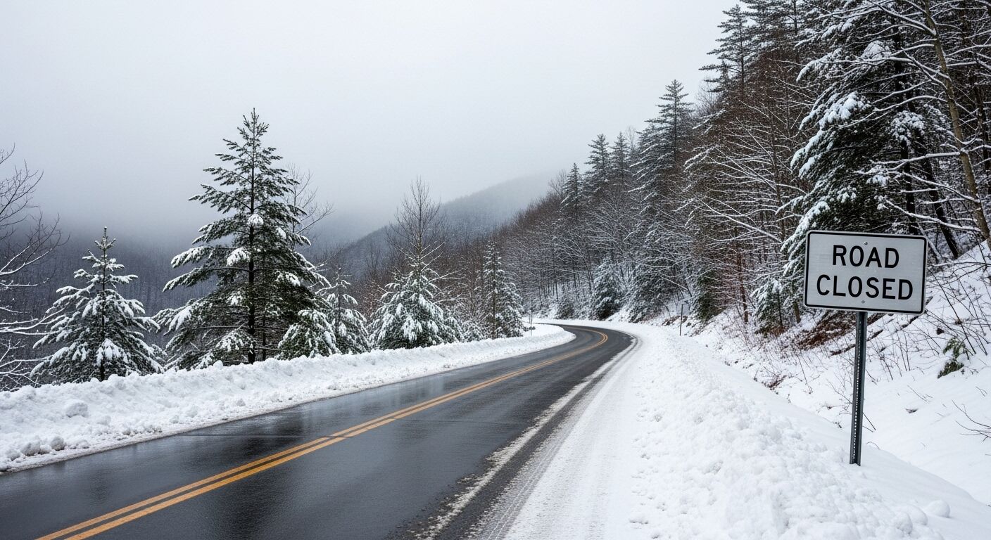 Jalan pegunungan yang tertutup salju dengan a 