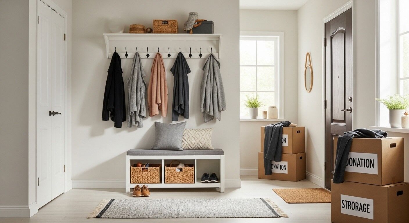 Pintu masuk dengan mantel yang digantung di pengait, bangku dengan bantal, dan kotak kardus berlabel sumbangan dan penyimpanan