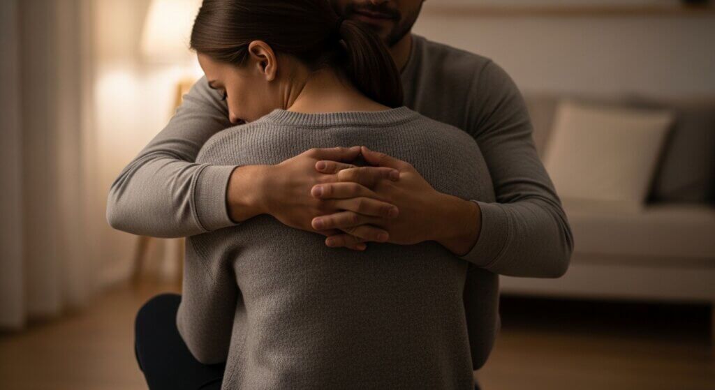 Pria dan wanita berpelukan dalam ruangan yang nyaman dengan pencahayaan lembut dan warna netral.