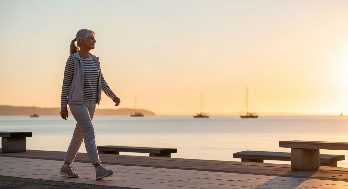 Wanita tua dengan pakaian kasual berjalan di sepanjang kawasan pejalan kaki tepi laut saat matahari terbenam dengan perahu layar di latar belakang