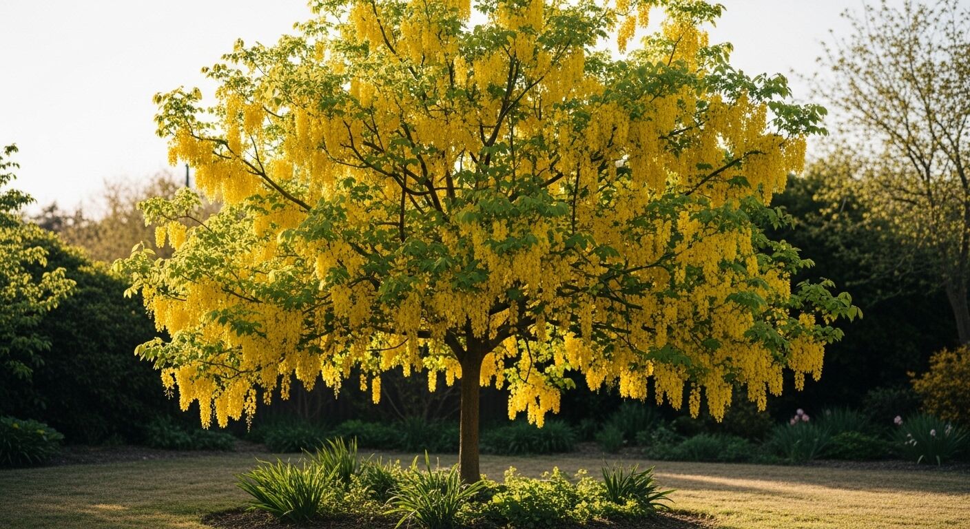 Pohon pancuran emas dengan bunga gantung kuning cerah di taman saat matahari terbenam