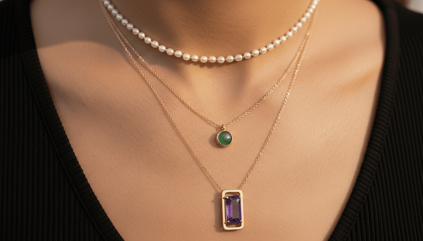 Tampilan jarak dekat dari seseorang yang mengenakan kalung berlapis: kalung mutiara, rantai emas dengan liontin hijau, dan rantai emas dengan liontin batu permata persegi panjang berwarna ungu.