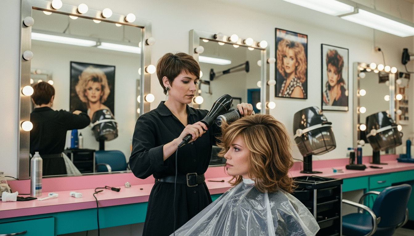 Penata rambut mengeringkan rambut pirang tebal seorang wanita di salon bergaya retro dengan kursi pengering rambut antik.