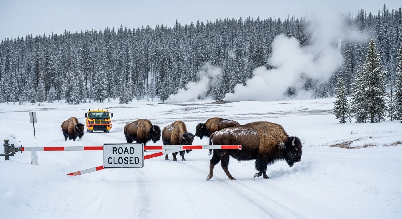 Bison melintasi jalan yang tertutup salju diblokir oleh a 
