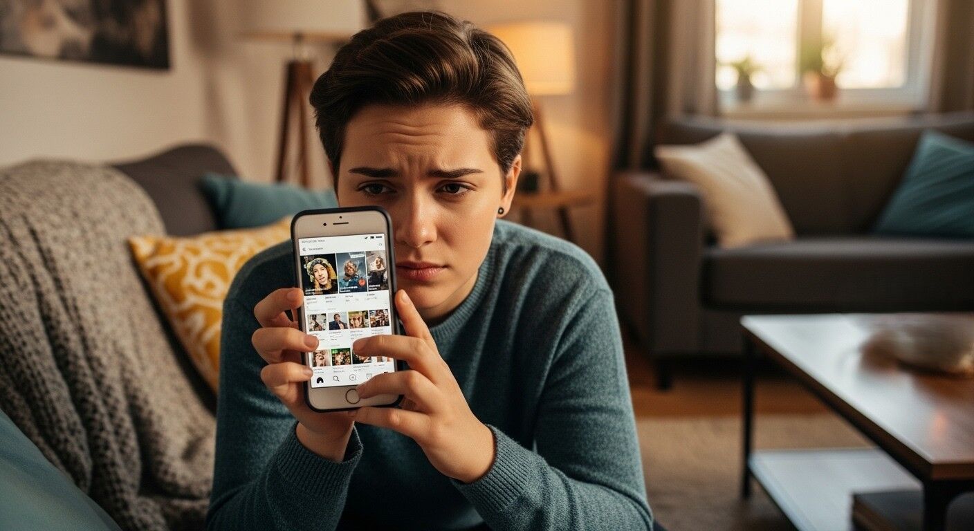 Wanita muda dengan sweter teal menunjukkan layar ponsel pintar dengan aplikasi media sosial, tampak prihatin di ruang tamu.