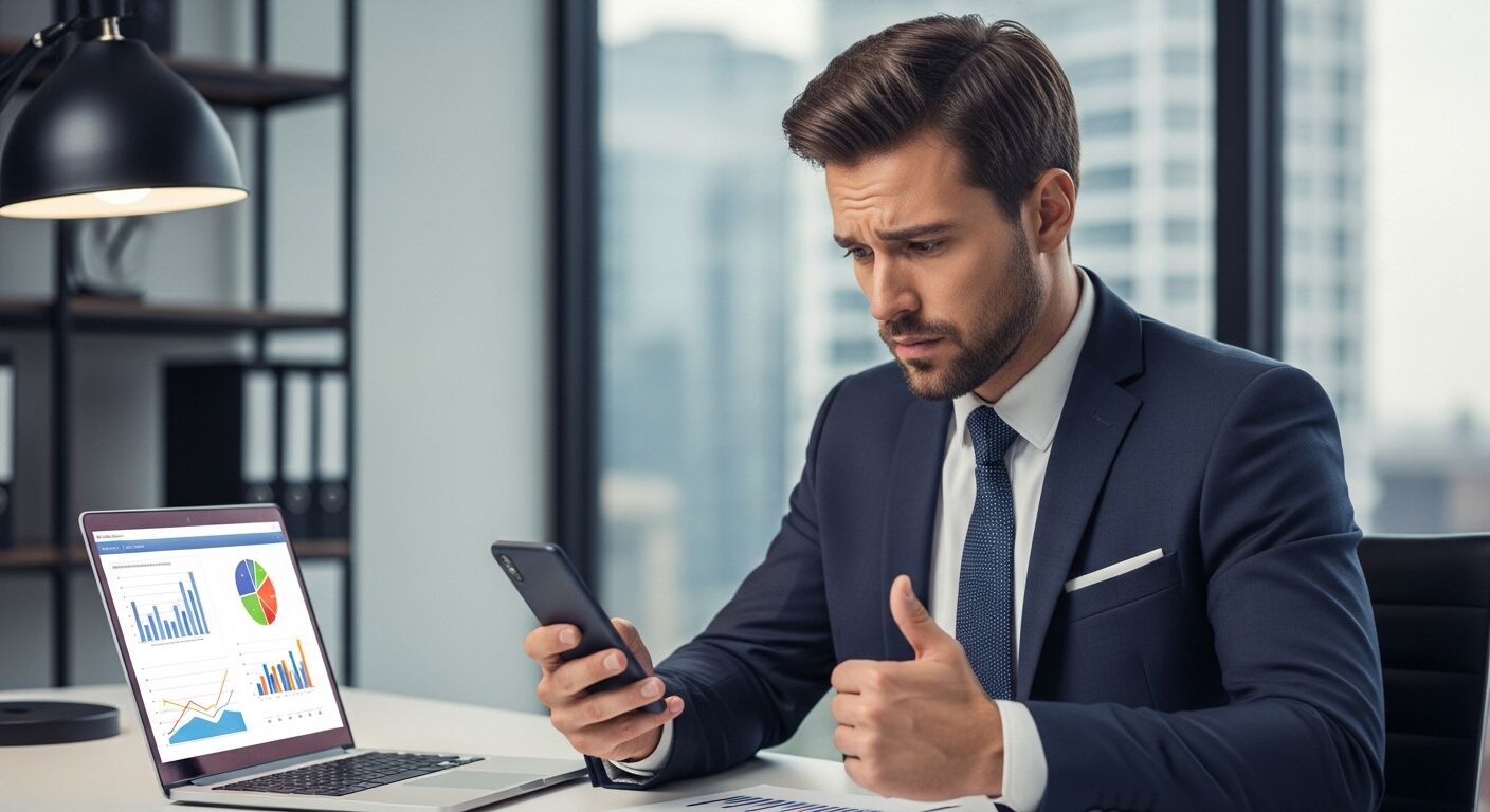 Pengusaha berjas angkatan laut meninjau data di ponsel pintar dengan grafik yang ditampilkan di layar laptop di kantor.