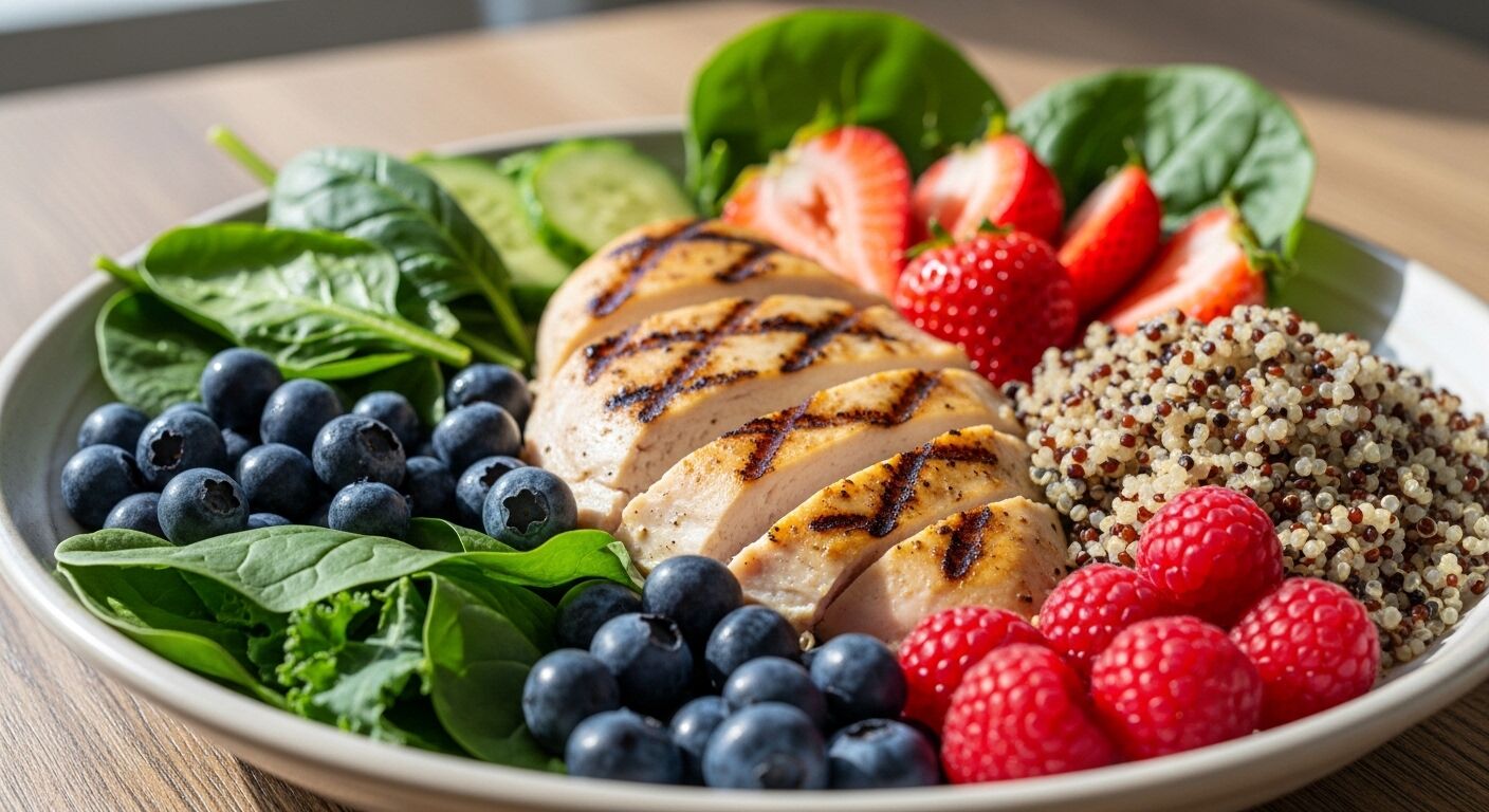 Dada ayam panggang dengan quinoa, bayam, blueberry, raspberry, stroberi, dan irisan mentimun di piring.