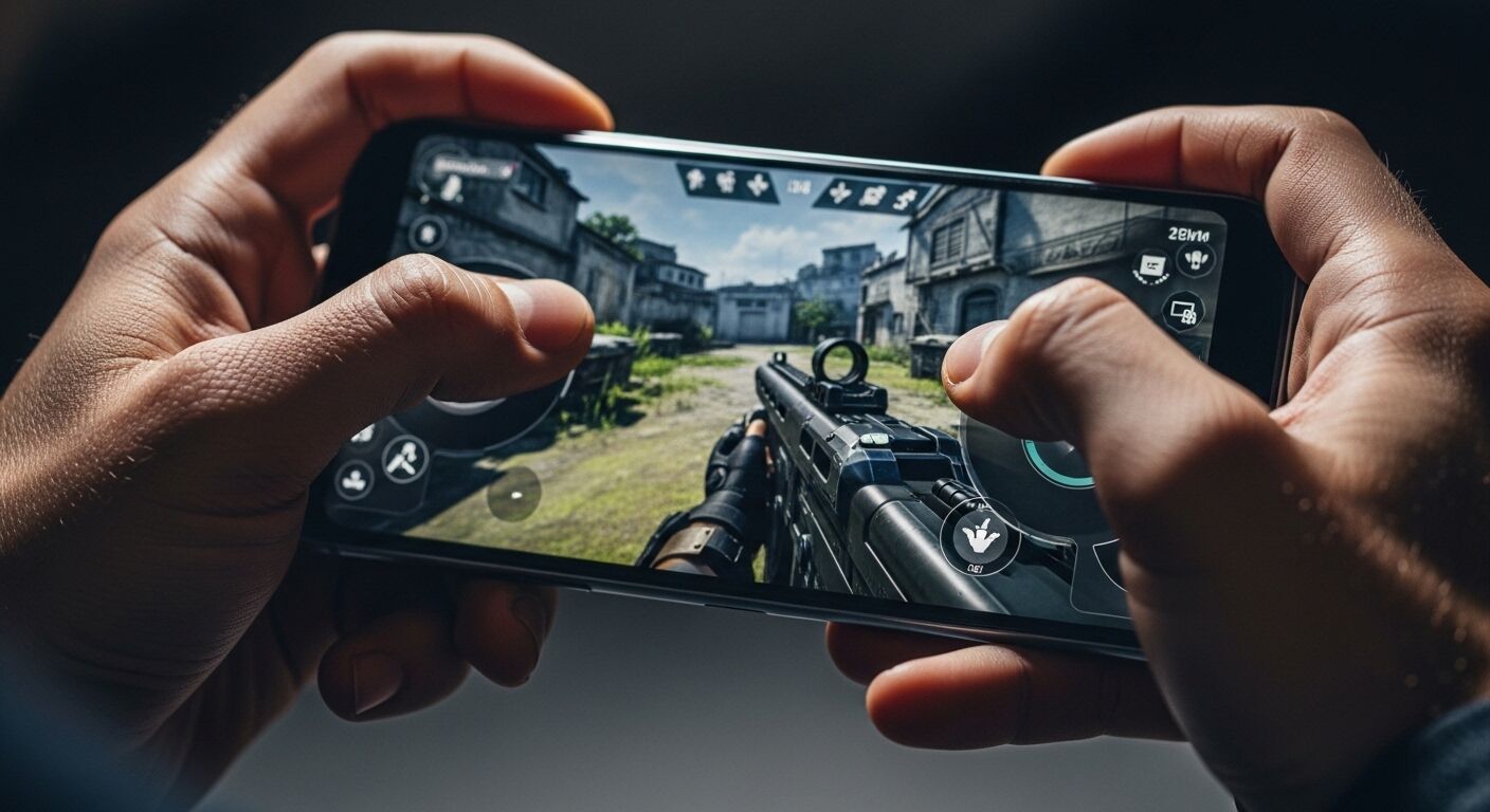 Orang yang memainkan permainan penembak orang pertama di ponsel pintar dengan pistol dan lingkungan perkotaan terlihat di layar