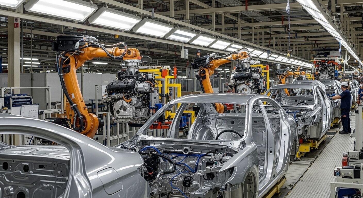 Lengan robot otomatis merakit badan mobil perak di jalur produksi di pabrik dengan pemantauan pekerja.