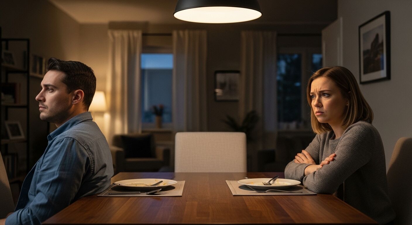 Pria dan wanita yang duduk di meja makan dengan piring kosong, saling berhadapan, tampak kesal.