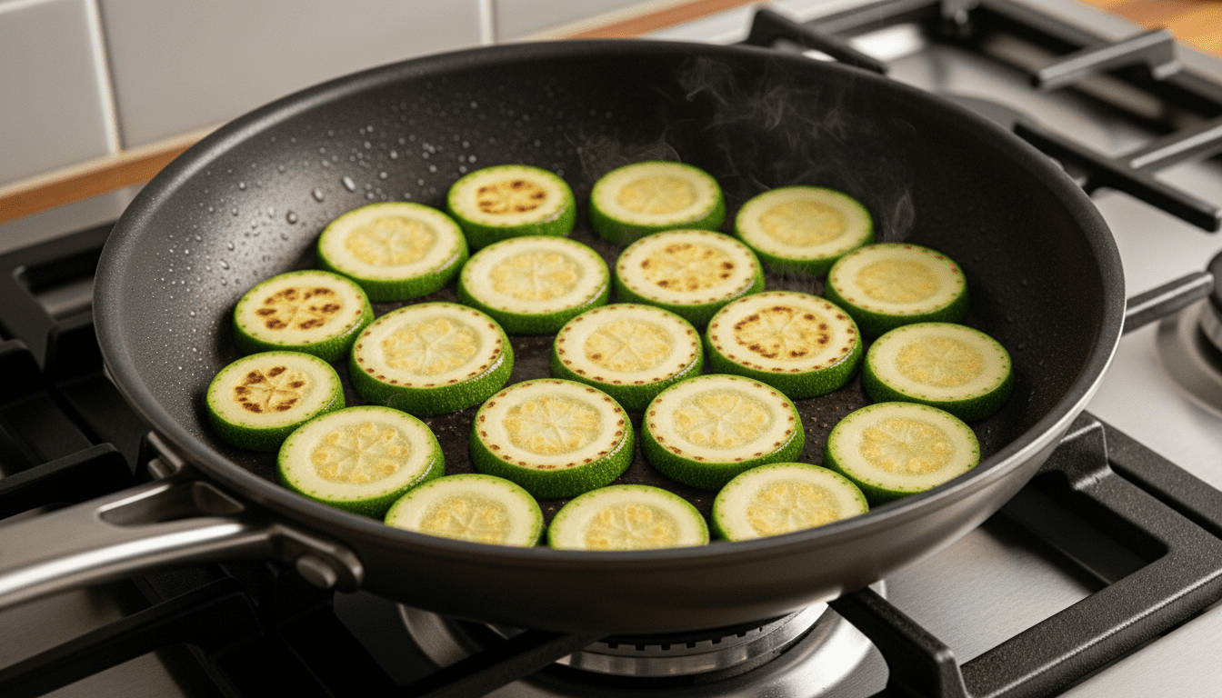 Irisan zucchini bulat kecoklatan dalam wajan hitam di atas kompor gas
