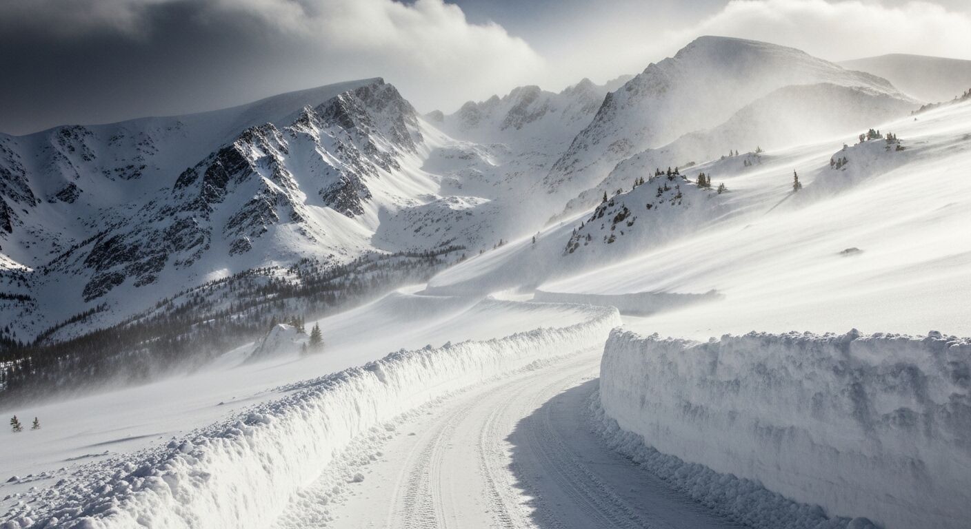 Jalan pegunungan yang tertutup salju dengan tumpukan salju yang tinggi dan hembusan salju di bawah langit mendung