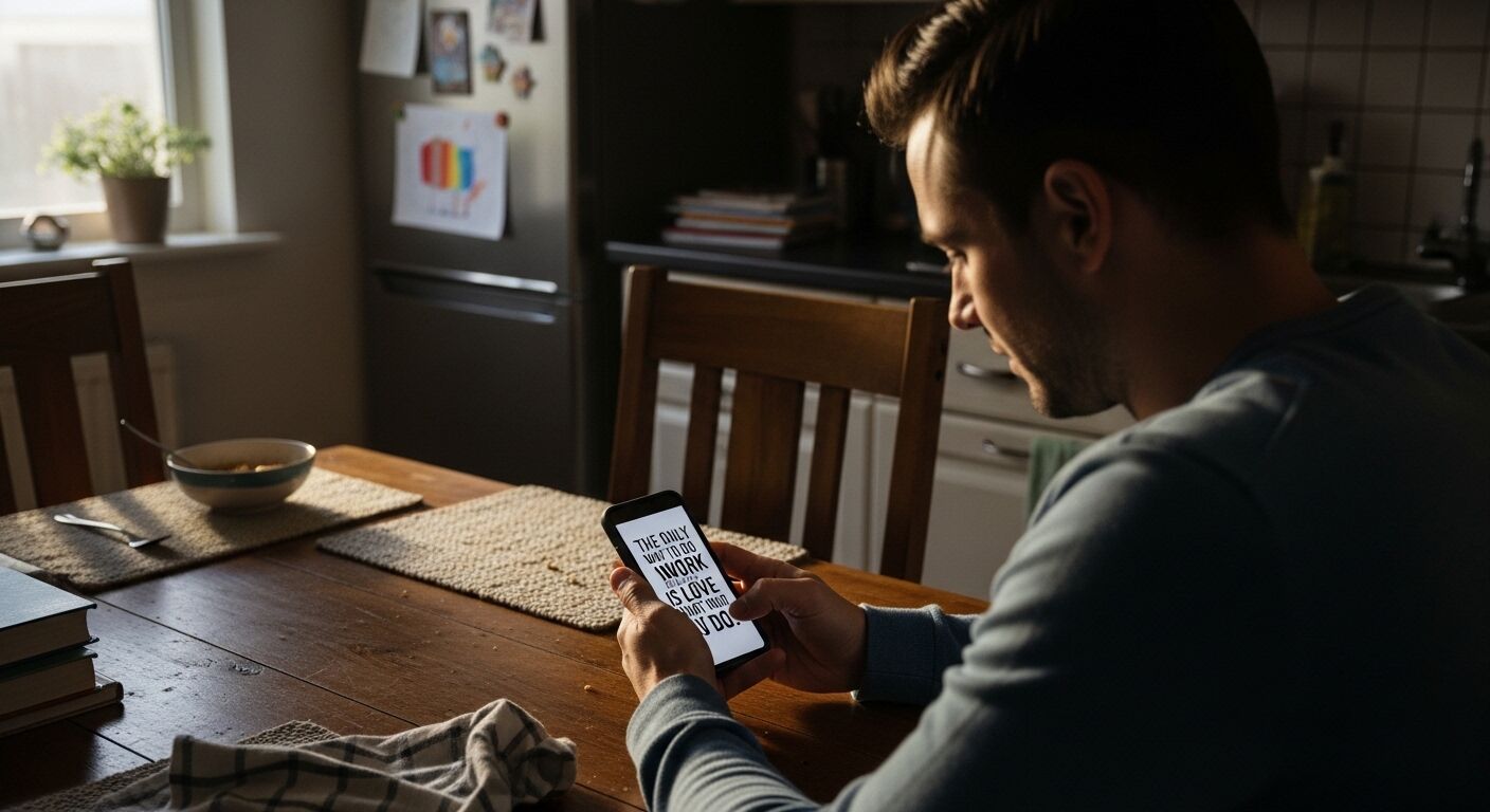 Pria berkemeja biru membaca kutipan motivasi di smartphone di meja dapur kayu