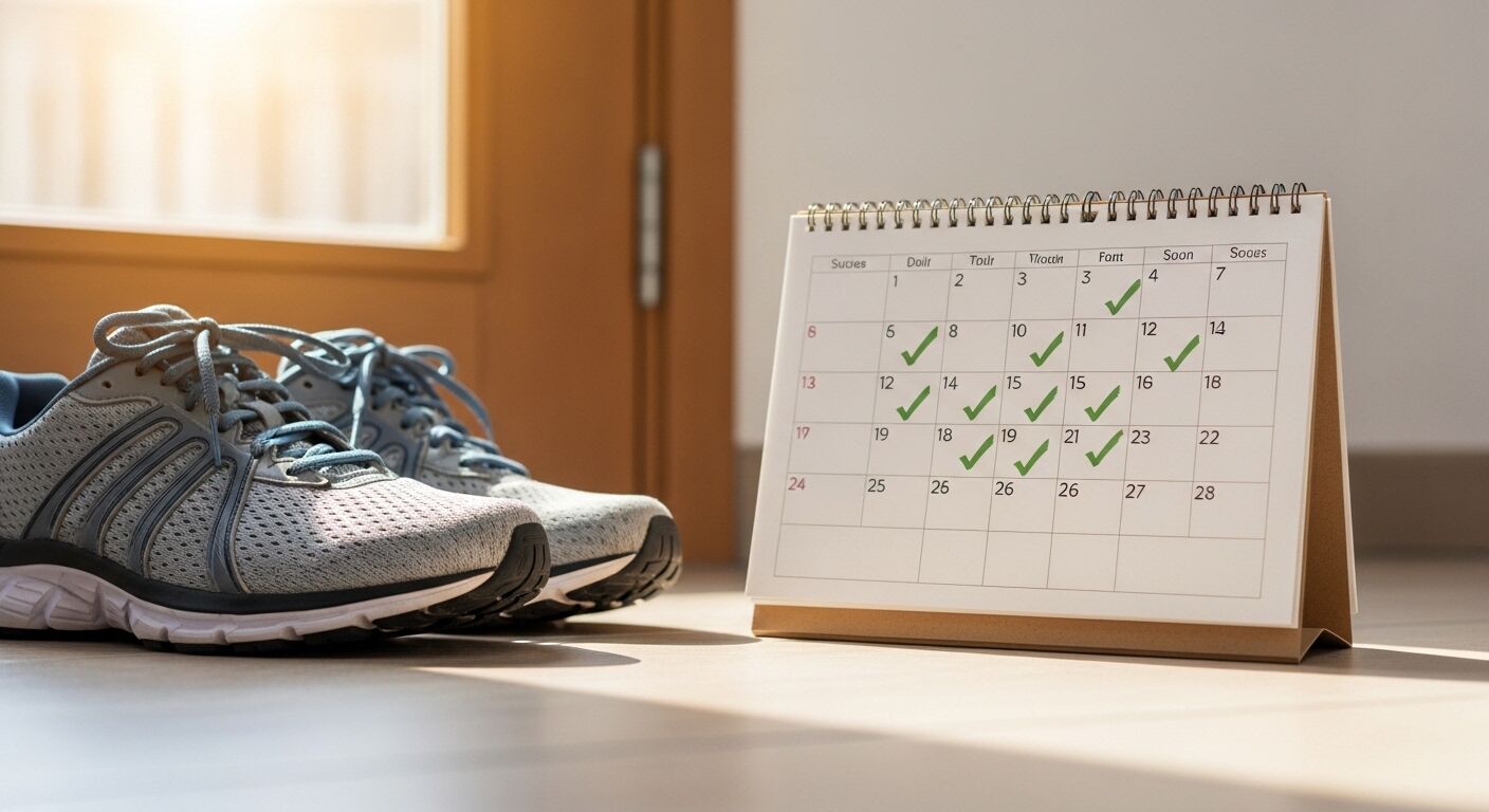 Sepatu lari abu-abu di samping kalender meja dengan beberapa tanda centang hijau pada berbagai tanggal.