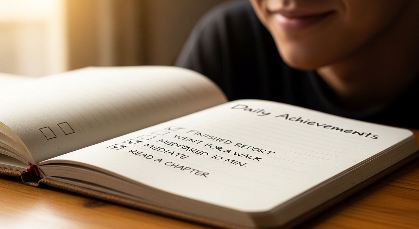 Buka buku catatan yang memperlihatkan daftar periksa pencapaian harian dengan tugas-tugas seperti laporan selesai dan meditasi 10 menit dicentang.