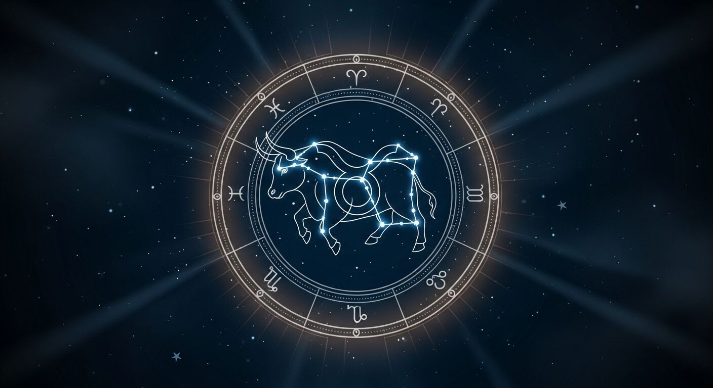 Konstelasi zodiak Taurus bersinar dalam bagan astrologi melingkar dengan latar belakang berbintang.