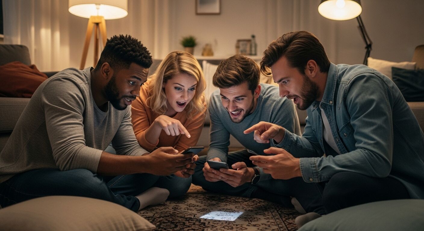 Empat orang teman yang duduk di lantai dengan penuh semangat melihat dan menunjuk ke ponsel pintar mereka di ruang tamu yang nyaman.