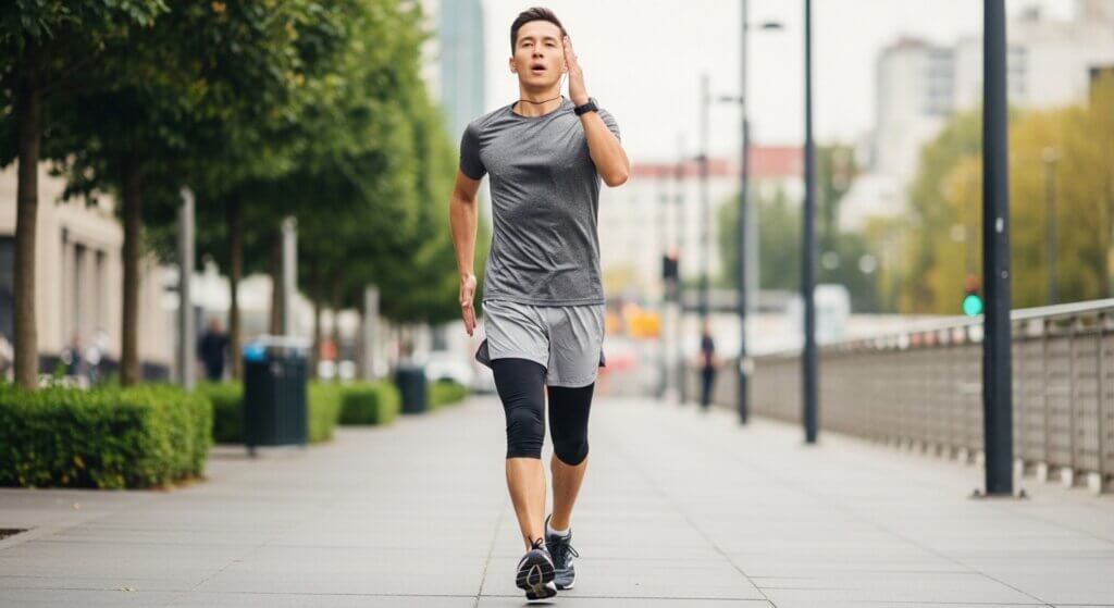 Pria jogging di trotoar kota mengenakan kemeja abu-abu, celana pendek, dan lengan selutut hitam