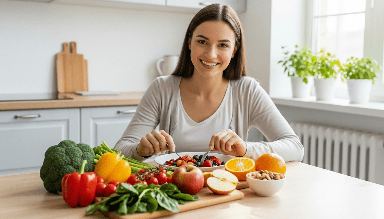 Wanita tersenyum makan semangkuk buah beri campur dengan buah-buahan dan sayuran segar di atas meja di dapur yang terang