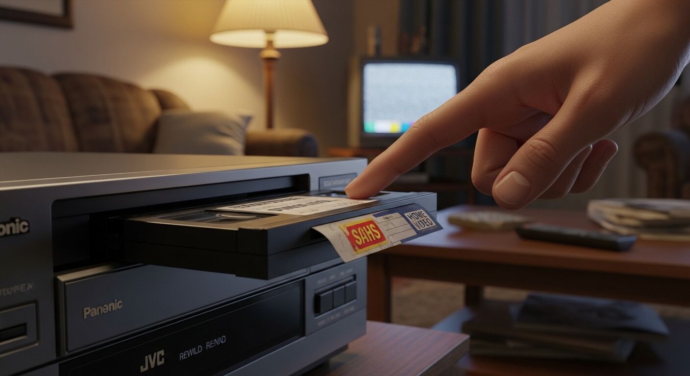 Tangan memasukkan kaset VHS berlabel 