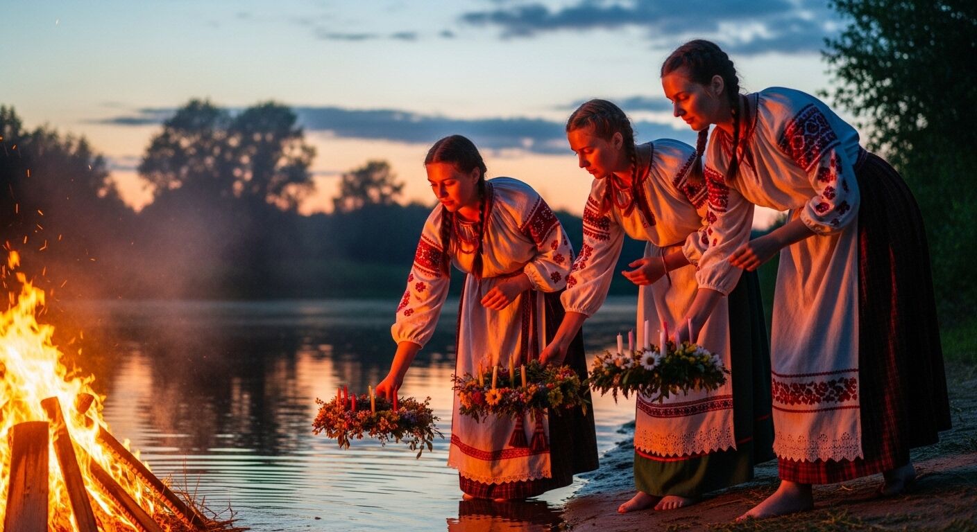 Tiga wanita dengan gaun bordir tradisional menempatkan karangan bunga dengan lilin ke sungai saat matahari terbenam.