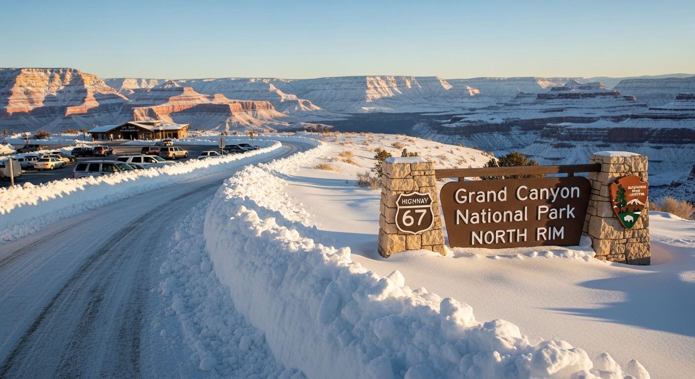 Tanda Lingkar Utara Taman Nasional Grand Canyon di samping Jalan Raya 67 yang tertutup salju dengan latar belakang tebing ngarai saat matahari terbit.