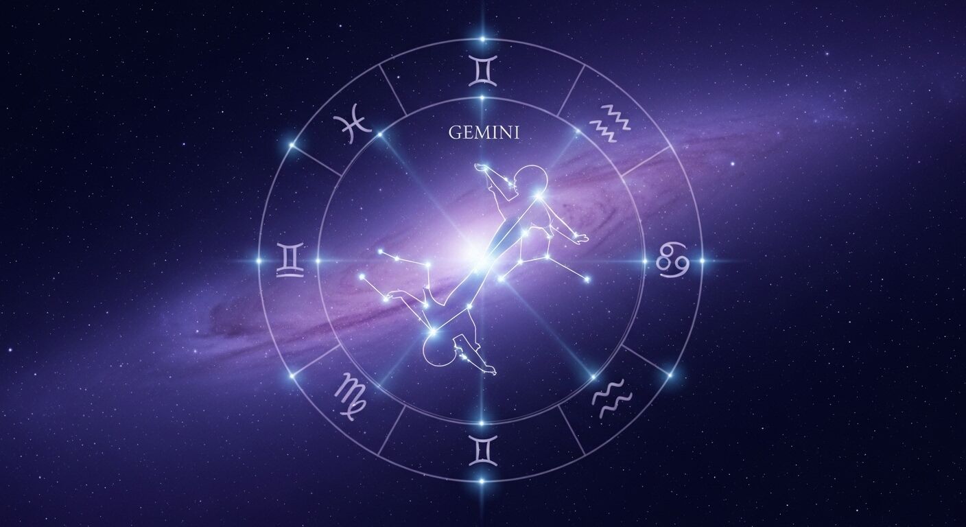 Konstelasi tanda zodiak Gemini dengan sosok kembar dalam latar belakang galaksi berbintang yang bersinar
