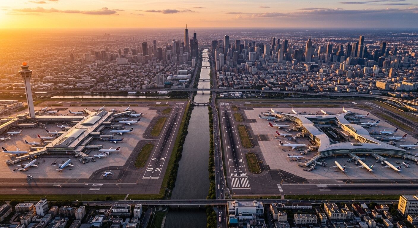 Pemandangan udara Bandara Chicago O'Hare dengan pesawat di landasan pacu dan cakrawala Chicago saat matahari terbenam.