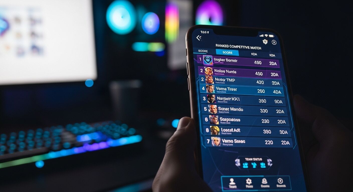 Ponsel pintar yang dipegang tangan menampilkan papan skor pertandingan kompetitif peringkat dalam video game dengan keyboard RGB di latar belakang