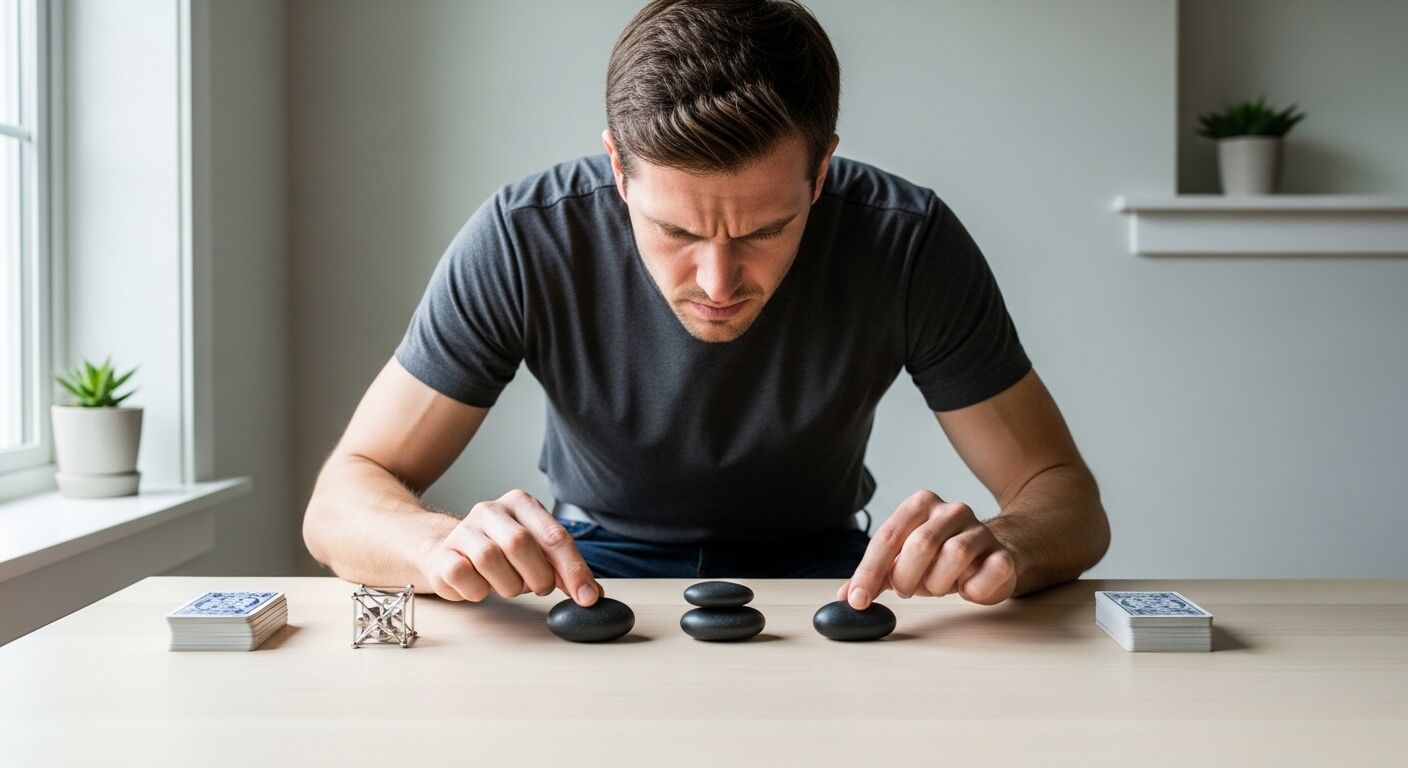 Manusia berkonsentrasi sambil menyeimbangkan batu hitam di atas meja dengan kartu remi dan teka-teki logam di dekatnya