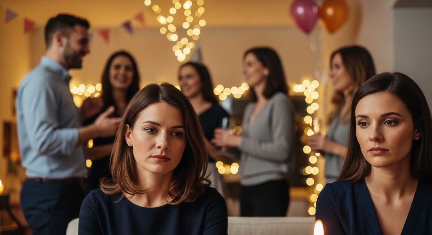 Dua wanita duduk terpisah tampak sedih di sebuah pesta dengan orang-orang kabur yang bersosialisasi di latar belakang.