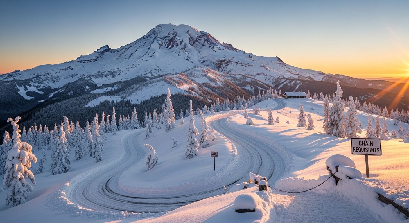 Jalan berkelok-kelok yang tertutup salju dengan 