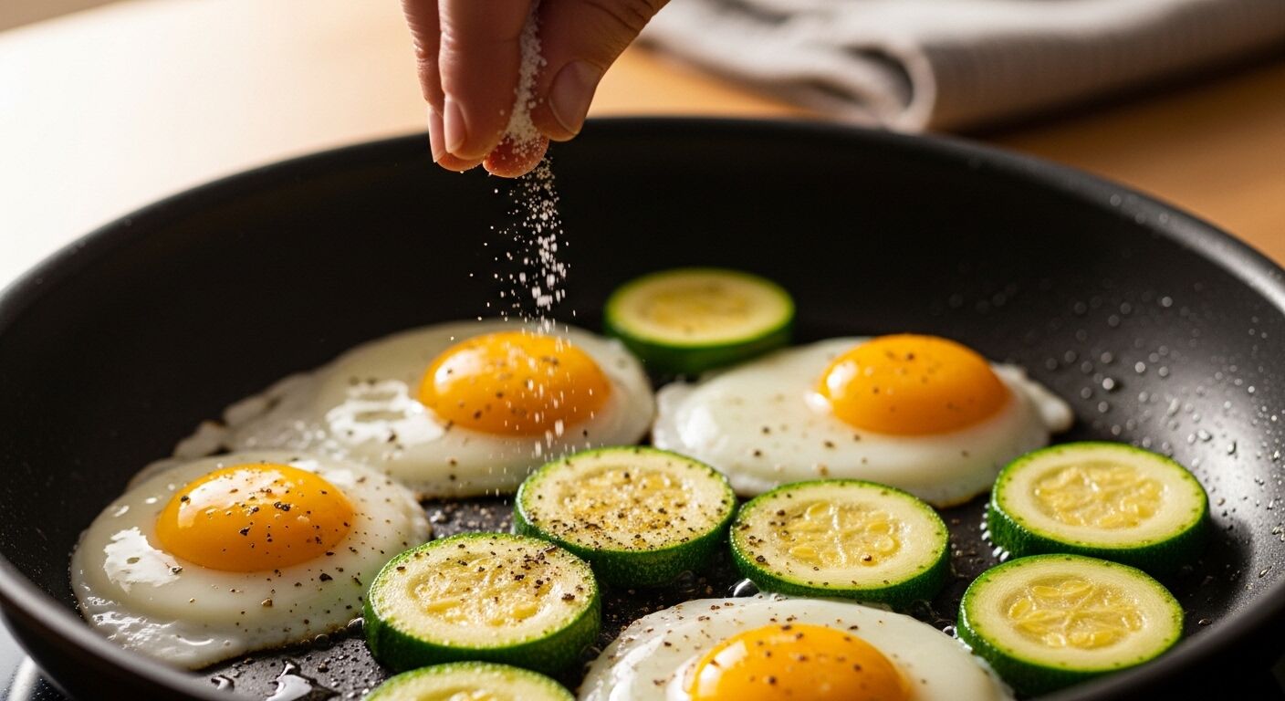 Taburkan garam dengan tangan di atas telur goreng dan irisan zucchini yang dimasak dalam wajan hitam.