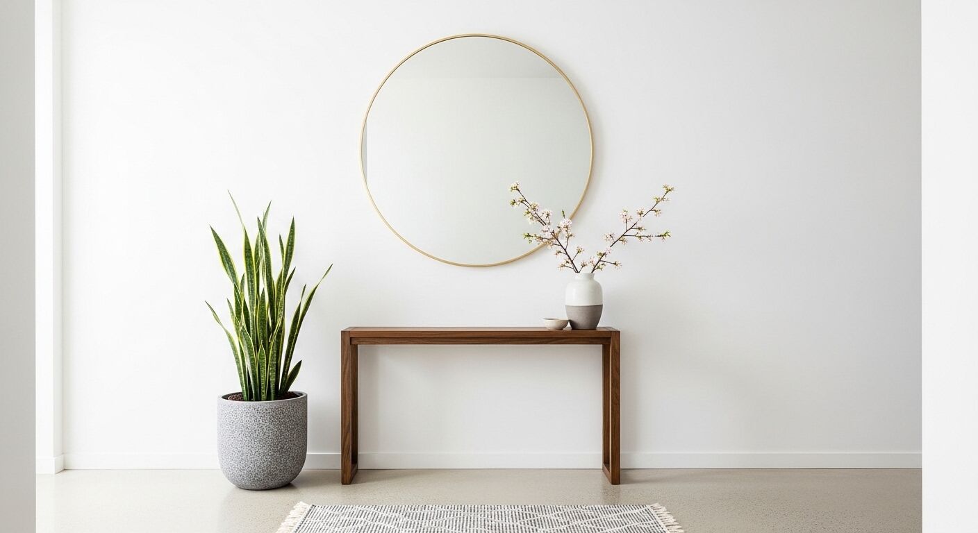 Pintu masuk minimalis dengan meja konsol kayu, cermin bundar berbingkai emas, pot tanaman ular, dan vas bunga sakura